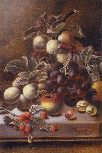 A Still Life Of Mixed Fruit On A Ledge Oil Painting by Oliver Clare