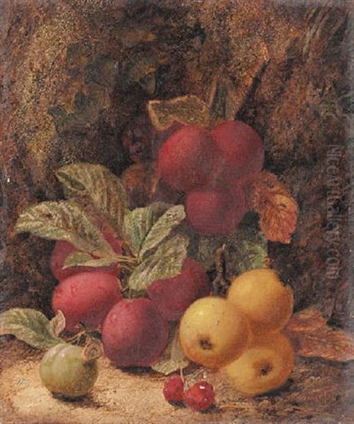 Still Life Of Apples, A Plum And Raspberries On A Mossy Bank Oil Painting by Oliver Clare