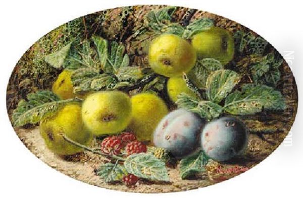 Apples, Plums And Raspberries On A Mossy Bank Oil Painting by Oliver Clare