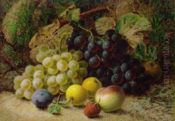 Grapes, Apples, A Plum, A Peach And A Strawberry On A Mossy Bank Oil Painting by Oliver Clare