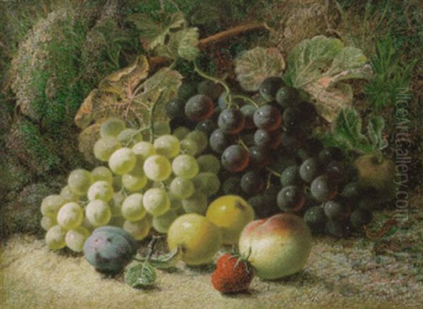 Grapes, Apples, A Plum, A Peach And A Stawberry On A Mossy Bank Oil Painting by Oliver Clare