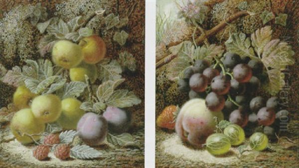 Apples, Plums And Rasperries On A Mossy Bank Oil Painting by Oliver Clare