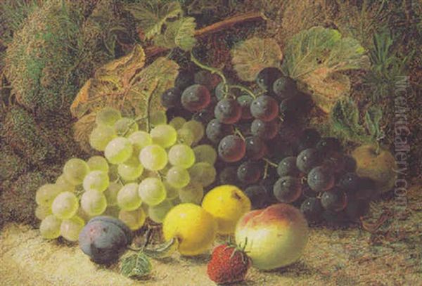 Still Life With Grapes, Apples And Other Fruit On A Mossy Bank by Oliver Clare