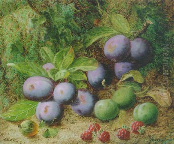 Plums, Greengages, Raspberries And Gooseberries On A Mossy Bank Oil Painting by Oliver Clare