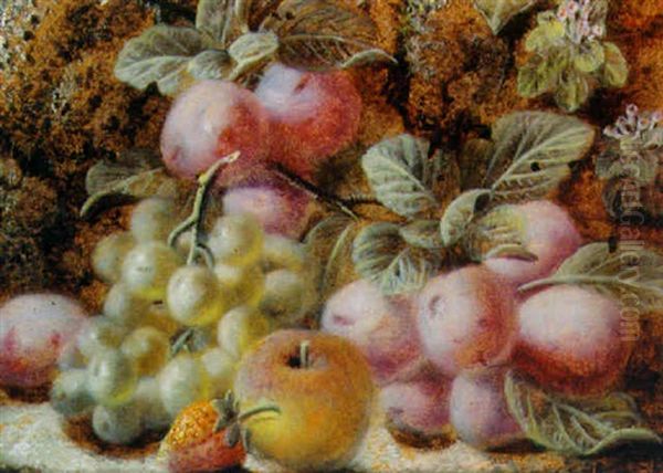 Plums, Grapes, With An Apple And A Strawberry On A Mossy Bank Oil Painting by Oliver Clare