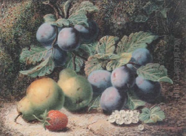 Plums, Pears, Whitecurrants, And A Strawberry, On A Mossy Bank Oil Painting by Oliver Clare