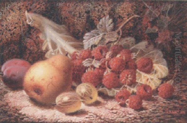 Gooseberries, A Pear, A Plum, And Raspberries On A Cabbage Leaf, On A Mossy Bank by Oliver Clare