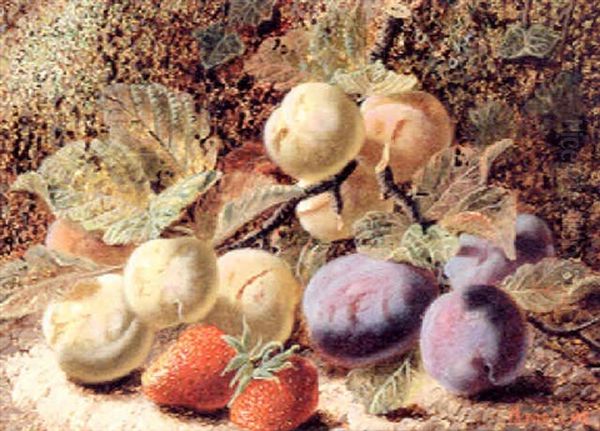 Strawberries, Plums, And Greengages On A Mossy Bank Oil Painting by Oliver Clare