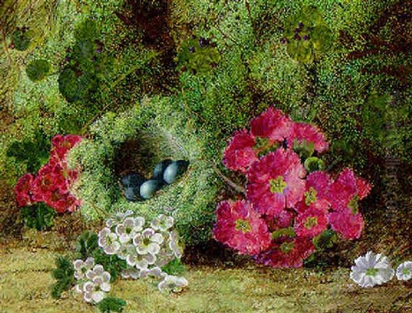 Primulas, Apple Blossom, And A Bird's Nest With Eggs On A Mossy Bank Oil Painting by Oliver Clare