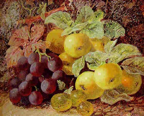 Grapes, Gooseberries And Apples On A Mossy Bank Oil Painting by Oliver Clare