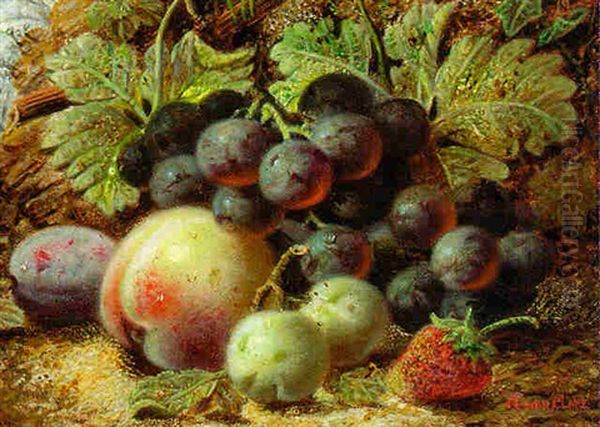 Grapes, Greengages, A Plum And A Strawberry On A Mossy Bank Oil Painting by Oliver Clare