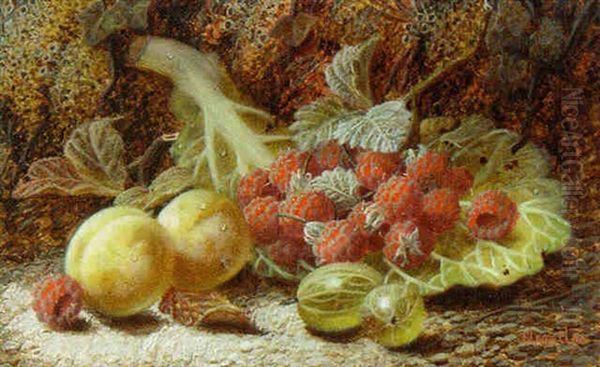 Berries And Greengages On A Leaf On A Mossy Bank Oil Painting by Oliver Clare