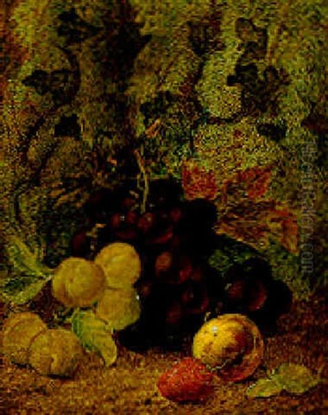 Grapes, Plums, An Apple And A Strawberry On A Mossy Bank Oil Painting by Oliver Clare