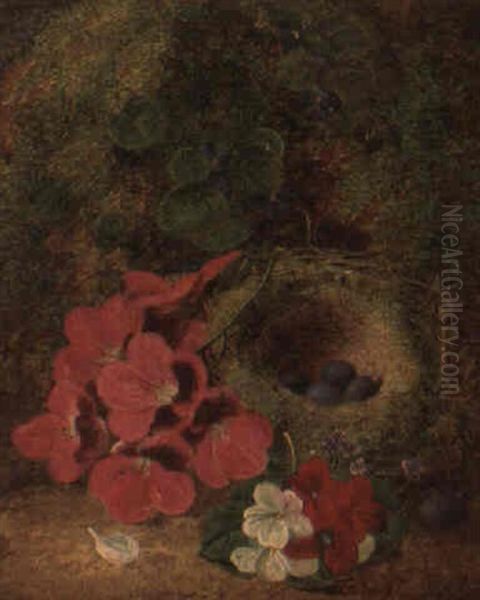 A Bird's Nest And Primulas On A Mossy Bank Oil Painting by Oliver Clare