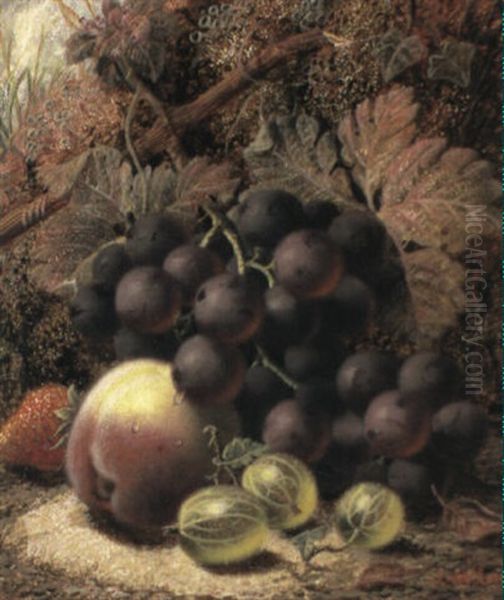 A Peach, Strawberries, Gooseberries And Grapes On A Mossy Bank Oil Painting by Oliver Clare