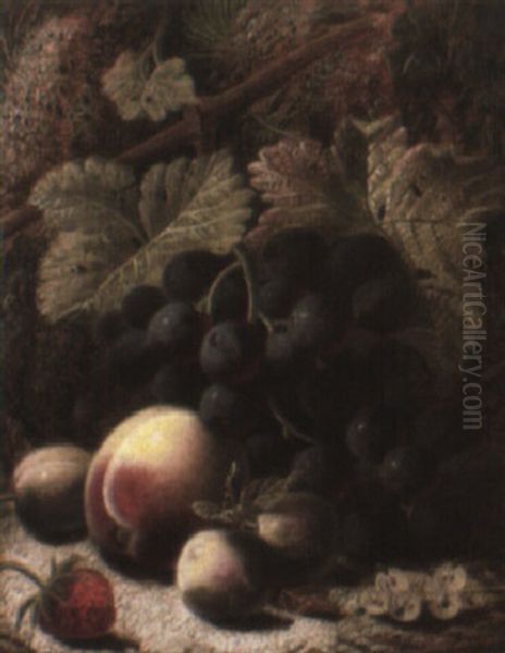 Still Life Of Grapes, Greengages, A Peach And A Strawberry Oil Painting by Oliver Clare