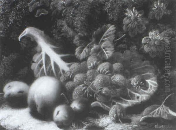 Still Life Of Strawberries, Grapes, Plum, And A Peach On A  Mossy Bank Oil Painting by Oliver Clare