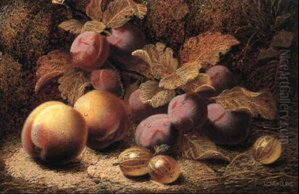 Victoria Plums, Peaches And Gooseberries Oil Painting by Oliver Clare