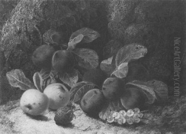 Still Life Of Plums, Apples Whitecurrants And A Strawberry by Oliver Clare