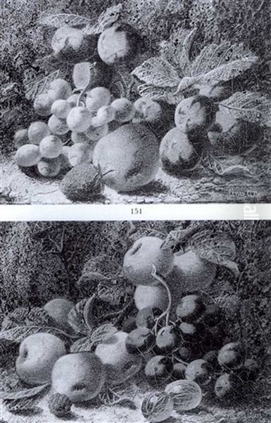 Still Life With An Apple, A Strawberry, Grapes And Plums; Still Life With A Raspberry, Grapes, Gooseberries An Oil Painting by Oliver Clare