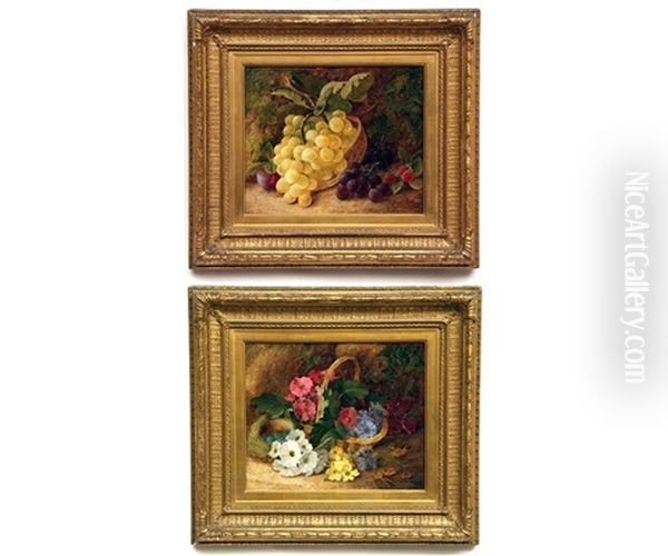 Still Life Studies Of Mixed Fruit, Mixed Flowers In A Basket (a Pair) Oil Painting by Vincent Clare