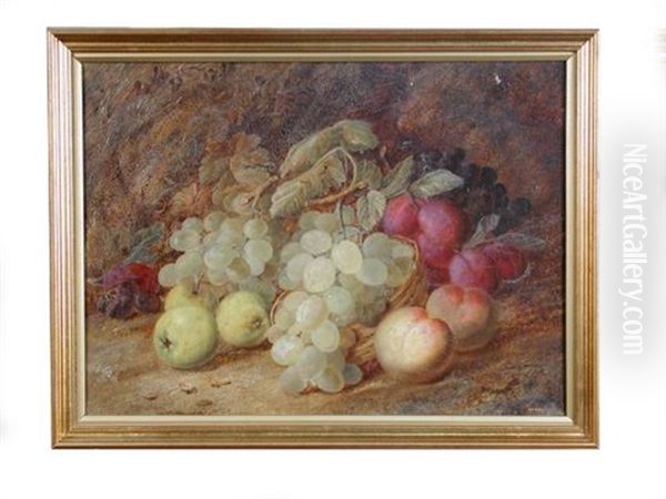 Still Life Of White And Black Grapes, Apples, Plums And Peaches; And Still Life Of Primroses, Apple Blossom, Geraniums And A Dunnock's Nest With Blue Eggs On A Mossy Bank (a Pair) by Vincent Clare