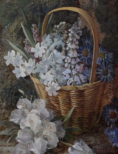 Still Lifes Of Flowers In A Basket And Grapes In A Mossy Bough (pair) Oil Painting by Vincent Clare