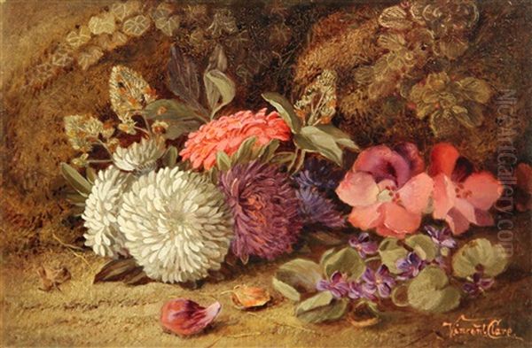 A Still Life Of Flowers On A Mossy Bank; Gooseberries, Currants, Strawberries And Cherries On A Mossy Bank (pair) Oil Painting by Vincent Clare