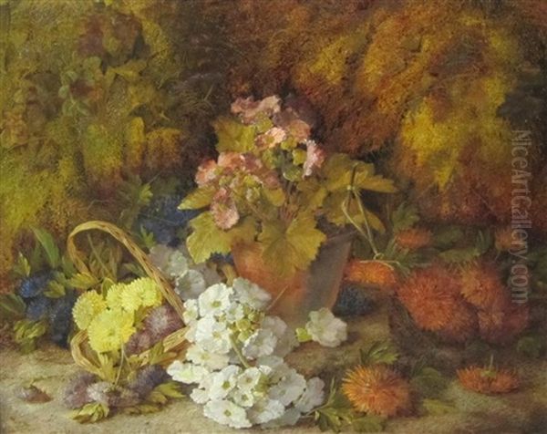 A Still Life Of Flowers In A Basket On A Mossy Bank Oil Painting by Vincent Clare