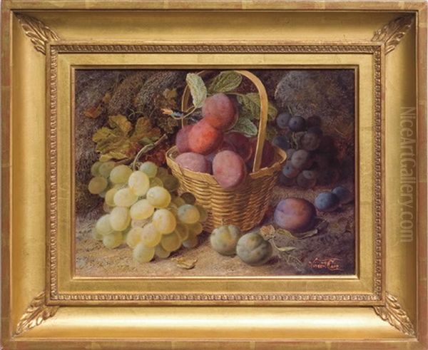 Still Life Of Plums With Grapes On A Mossy Bank by Vincent Clare