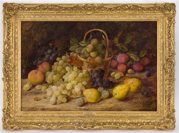 A Still Life With Pears, Grapes, Plums And Peaches In A Hooped Basket Oil Painting by Vincent Clare