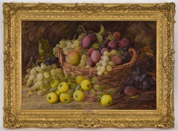 Fruit Still Life Consisting Of Apples, Plums, Quinces And Grapes In A Basket On A Mossy Bank Oil Painting by Vincent Clare