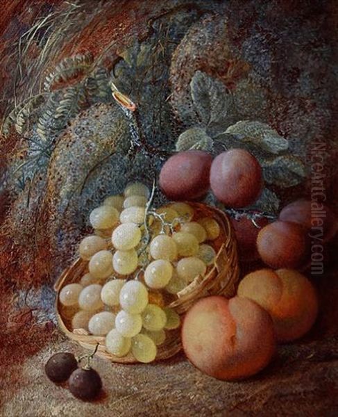 Green Grapes In A Basket, Plums, Peaches And Black Grapes Against A Mossy Bank Oil Painting by Vincent Clare