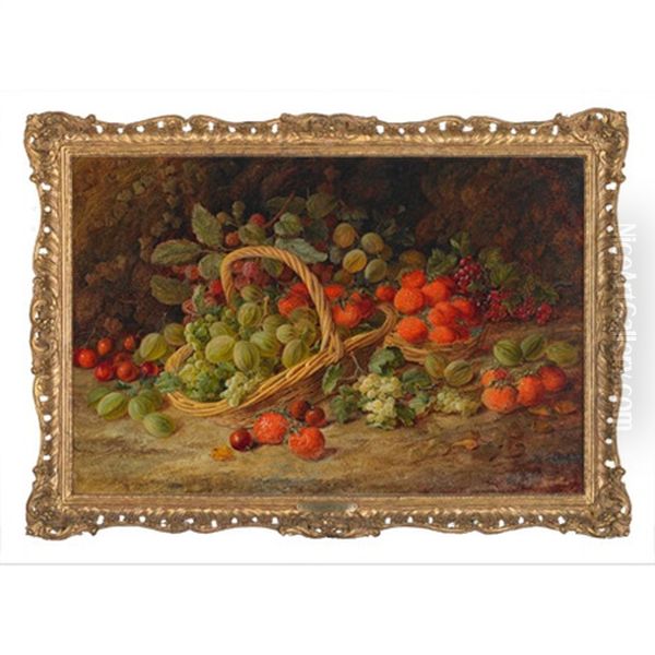 Gooseberries, Strawberries, Raspberries, Cherries And Grapes In Baskets On A Mossy Bank With Ivy Oil Painting by Vincent Clare