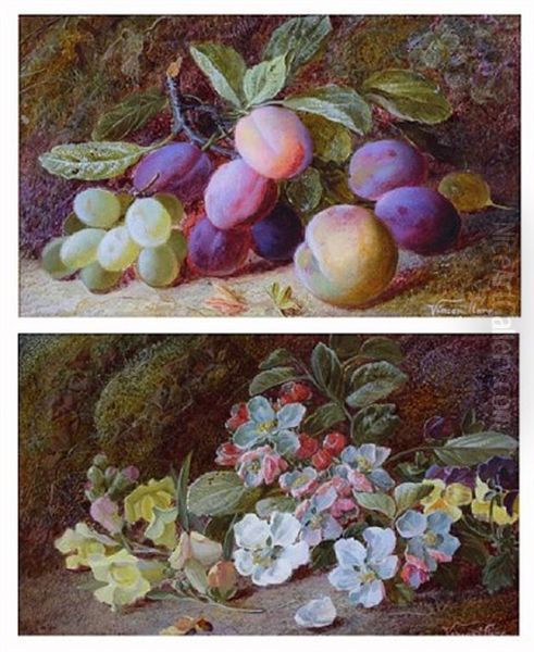 Green Grapes, Plums And A Peach (+ Dog Roses And Yellow Snapdragons; Pair) Oil Painting by Vincent Clare