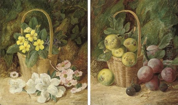 Primroses In A Basket On A Mossy Bank (+ Greengages In A Basket, Plums And Damsons On A Mossy Bank; Pair) Oil Painting by Vincent Clare