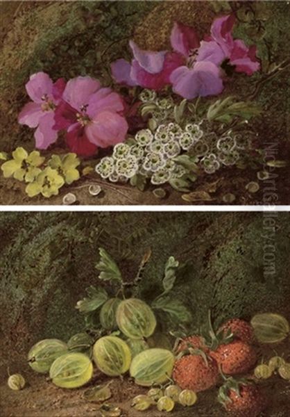 Primroses, Azaleas And May Blossom (+ Gooseberries And Strawberries; Pair) Oil Painting by Vincent Clare