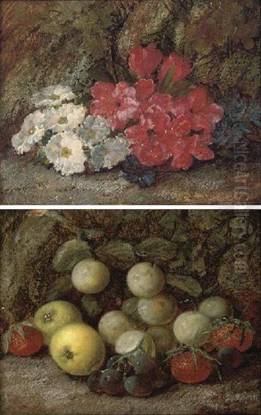 Plums, Grapes, Strawberries And Apples On A Mossy Bank (+ Flowers On A Mossy Bank; Pair) Oil Painting by Vincent Clare