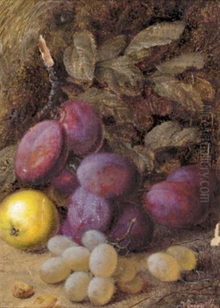 Still Life With Plums And Grapes (+ Still Life With Primulas; Pair) Oil Painting by Vincent Clare