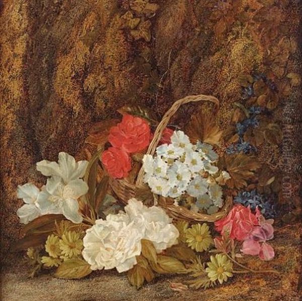 Still Life With White Roses, Primulas And Violets On A Mossy Bank Oil Painting by Vincent Clare