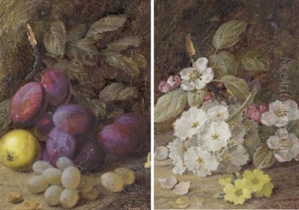 Still Life With Plums And Grapes (+ Still Life With Primulas; Pair) Oil Painting by Vincent Clare