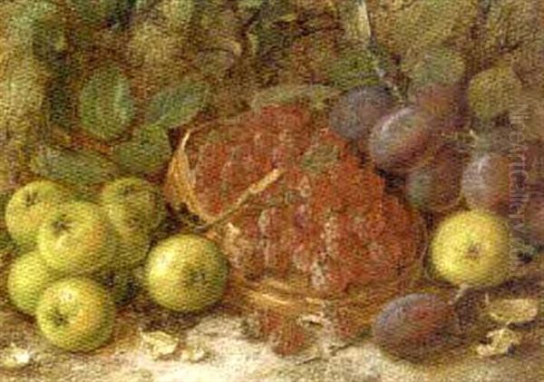 Crab-apples, Plums And Raspberries In A Basket On A Mossy Bank Oil Painting by Vincent Clare