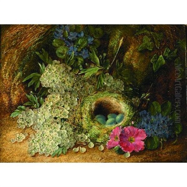 A Still Life With Flowers And A Bird's Nest On A Mossy Bank Oil Painting by Vincent Clare