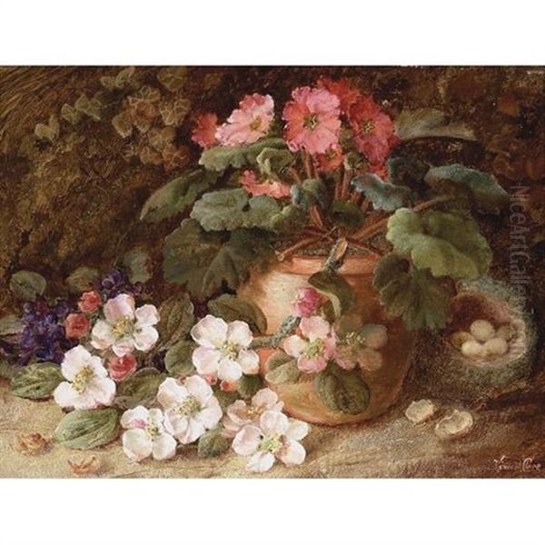 A Still Life With Primroses In A Vase And A Birds' Nest Behind Oil Painting by Vincent Clare