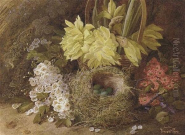 May Blossom, Violets, Primroses, Daffodils In A Wicker Basket, And Eggs In A Bird's Nest, On A Mossy Bank Oil Painting by Vincent Clare