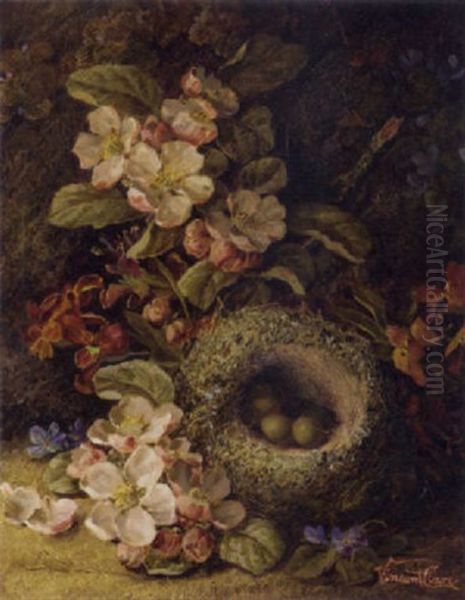 Pansies, Violets And A Bird's Nest With Eggs On A Mossy Bank Oil Painting by Vincent Clare