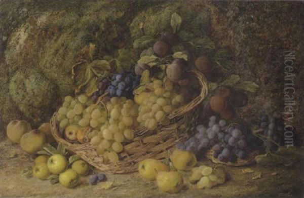 Grapes, Apples, Plums And Blueberries In A Wicker Basket, With Pears And Peaches On A Mossy Bank Oil Painting by Vincent Clare