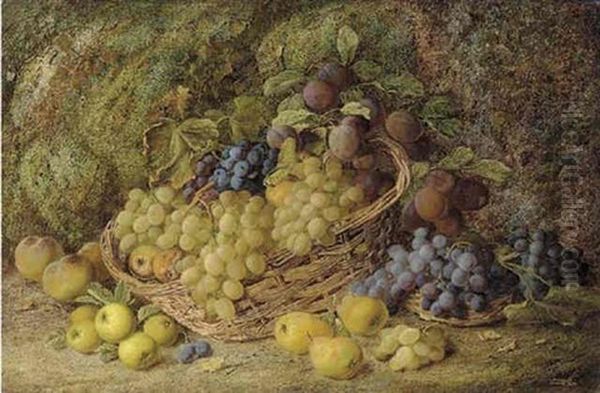 Grapes, Apples, Plums, And Blueberries In A Wicker Basket, With Pears And Peaches On A Mossy Bank Oil Painting by Vincent Clare