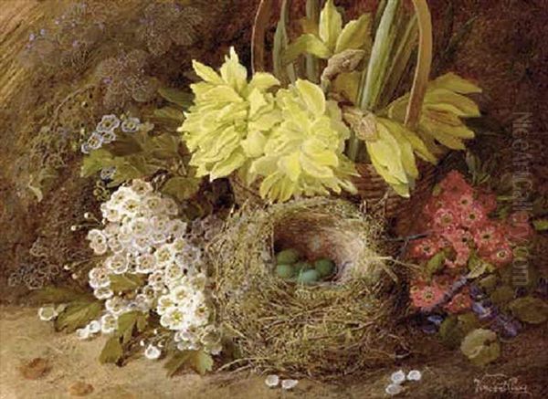 May Blossom, Violets, Primroses, Daffodils In A Wicker Basket, And Eggs In A Bird's Nest, On A Mossy Bank by Vincent Clare