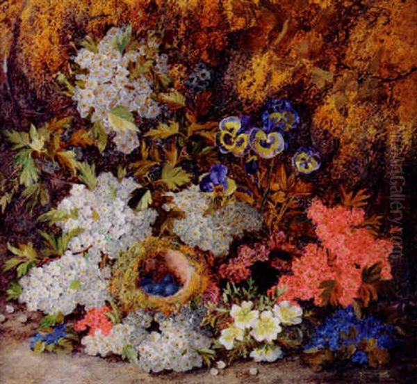 Still Life Of A Bird's Nest And Flowers On A Mossy Bank Oil Painting by Vincent Clare